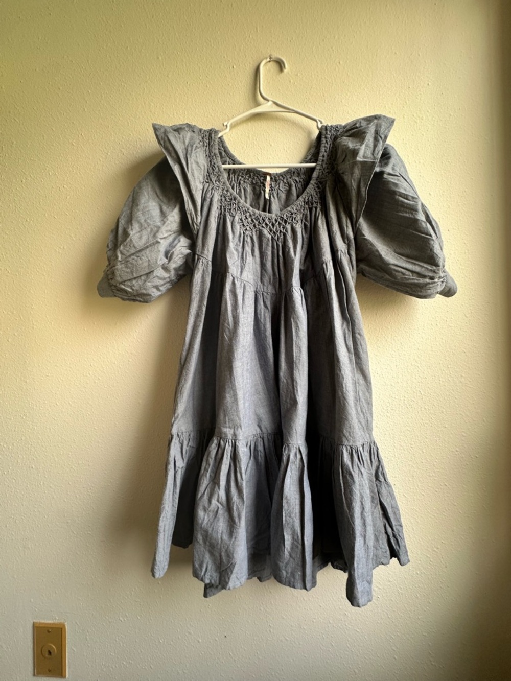 Free People Dusty Blue Boho Babydoll Mini Dress XS Puff Sleeve